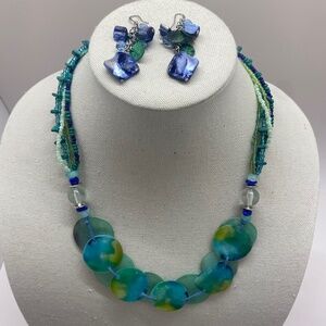 Y2K Mojito Green and Aqua Blue Shell and Beaded Necklace and Earrings Set